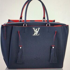 LOUIS VUITTON Calfskin Lockmeto Marine Rouge Tote Top Handle Bag with Box